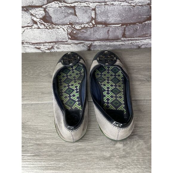 Tory Burch Channing Black Patent Leather Green Gray Canvas Ballet Flats Women 7M - Picture 6 of 16